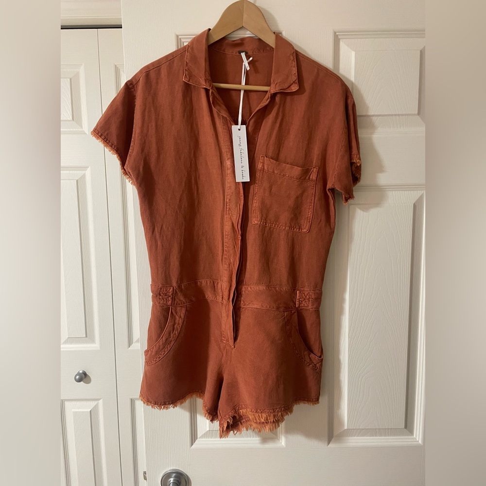 YOUNG FABULOUS & BROKE YFB LINEN BLEND FELIX PAPRIKA ROMPER - XS